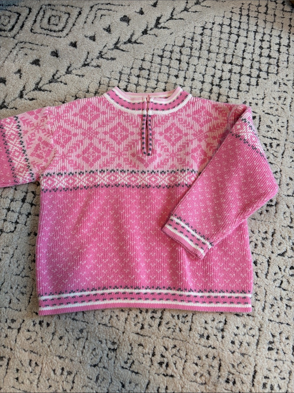 Hanna Andersson Pink Fair Isle Knit Sweater with Cream & Gray Accents
